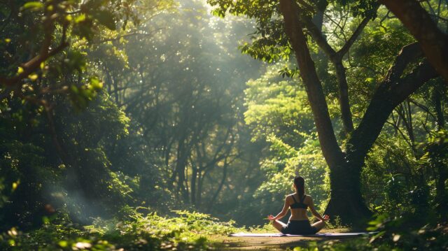 Frau praktiziert Yoga im Waldlichtung