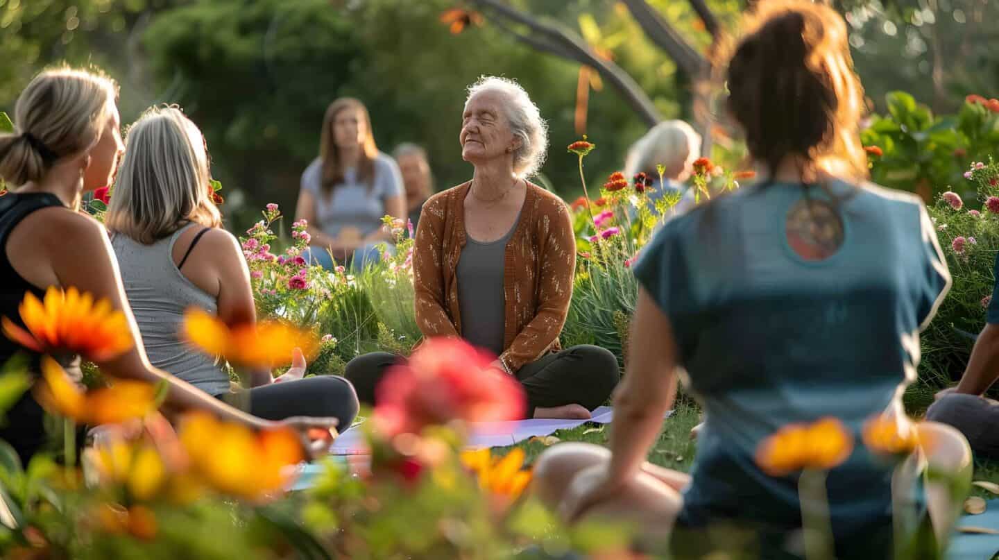 Ältere Frau meditiert in Garten-Yogagruppe.