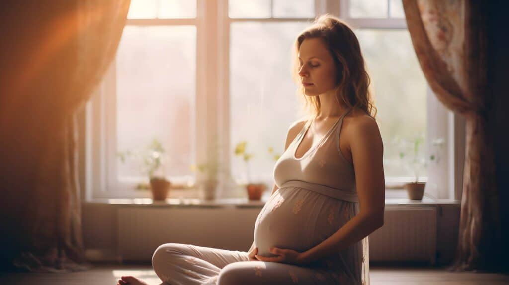 Schwangere Frau entspannt im Sonnenlicht.