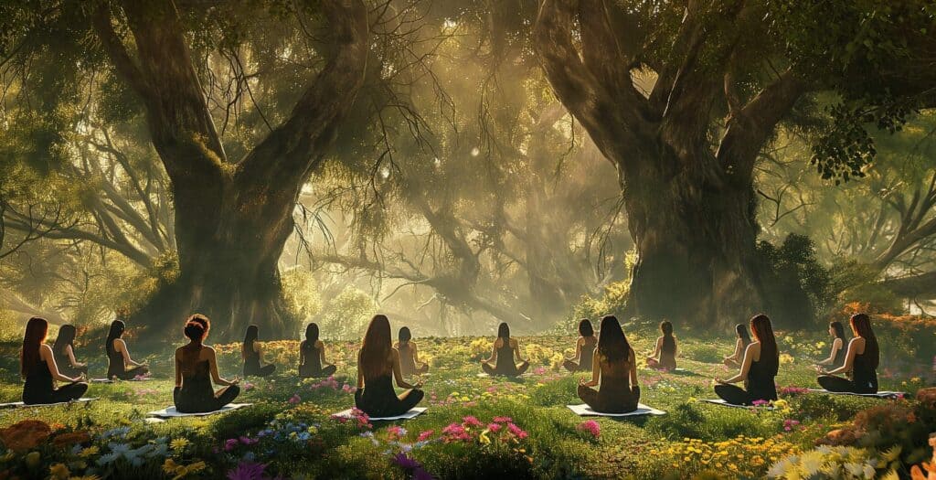 Yoga-Gruppe meditiert im friedlichen Waldlichtung.