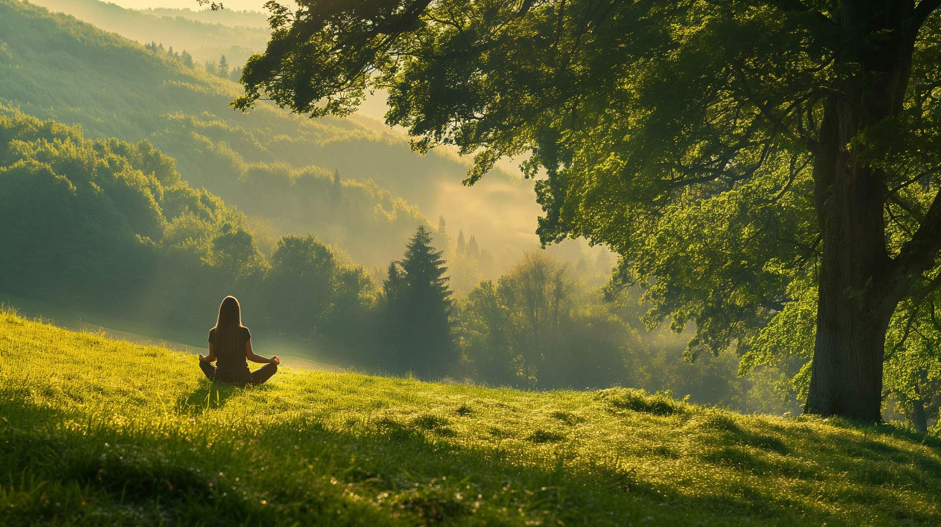 Person meditiert in sonnigem Waldlichtung.