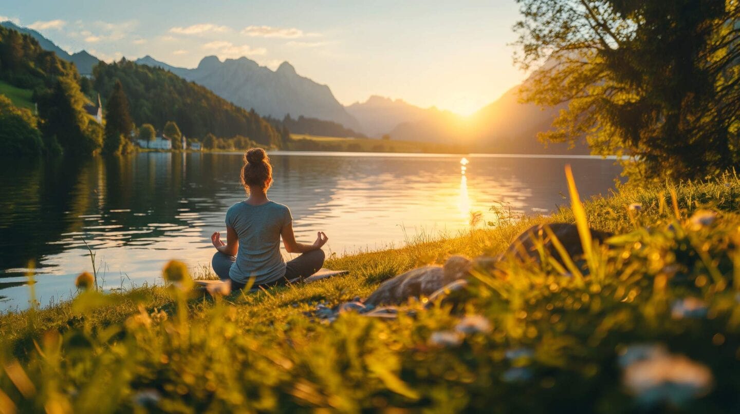 Person meditiert am See bei Sonnenuntergang.