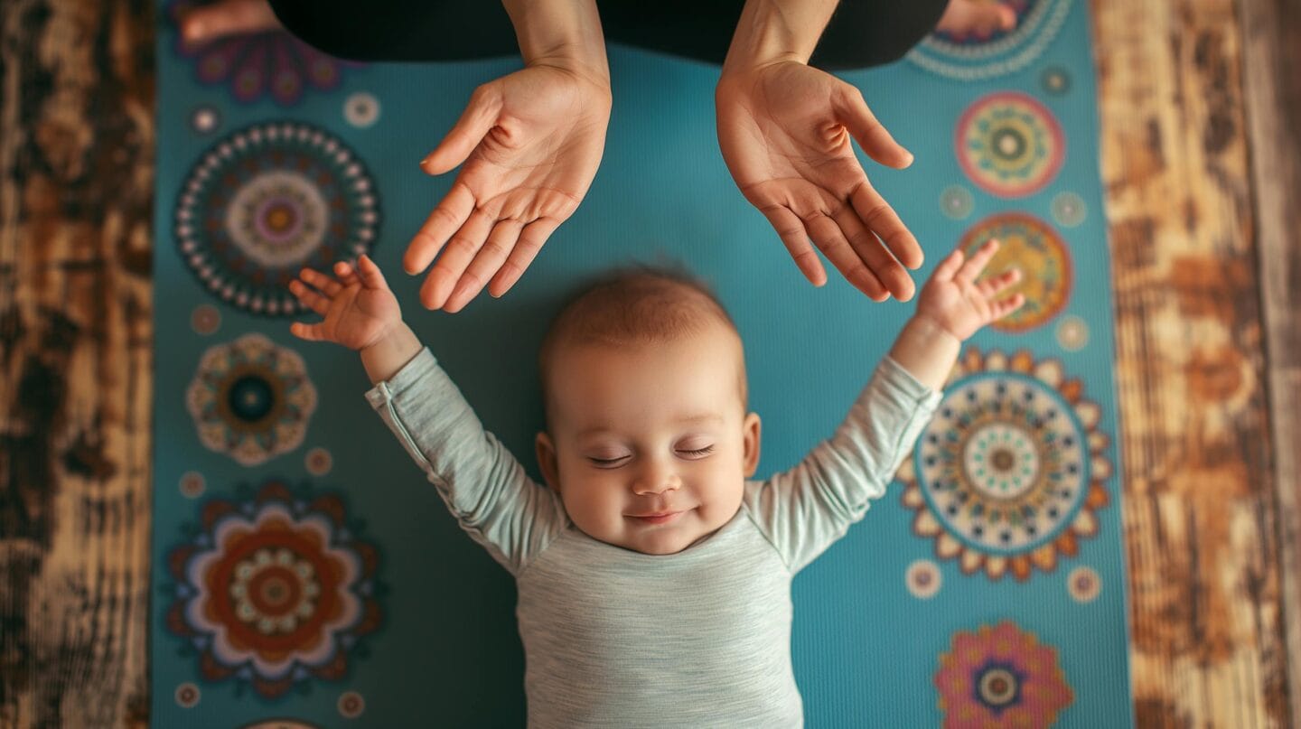 Baby macht Spaß auf Yogamatte.